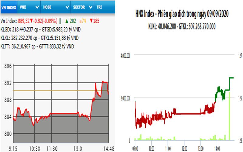 Diễn biến VN-Index và HNX-Index, phiên giao dịch ngày 9-9. 