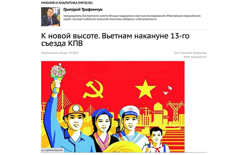 Giao diện trang mạng Infox.ru của Nga với bài báo ca ngợi vai trò lãnh đạo của Đảng Cộng sản Việt Nam.
