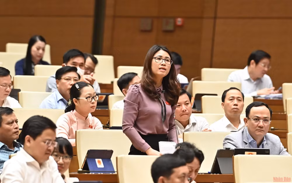 Đại biểu Đinh Thị Ngọc Dung chất vấn Bộ trưởng Tài chính về vấn đề giá sách giáo khoa. (Ảnh: LINH NGUYÊN)