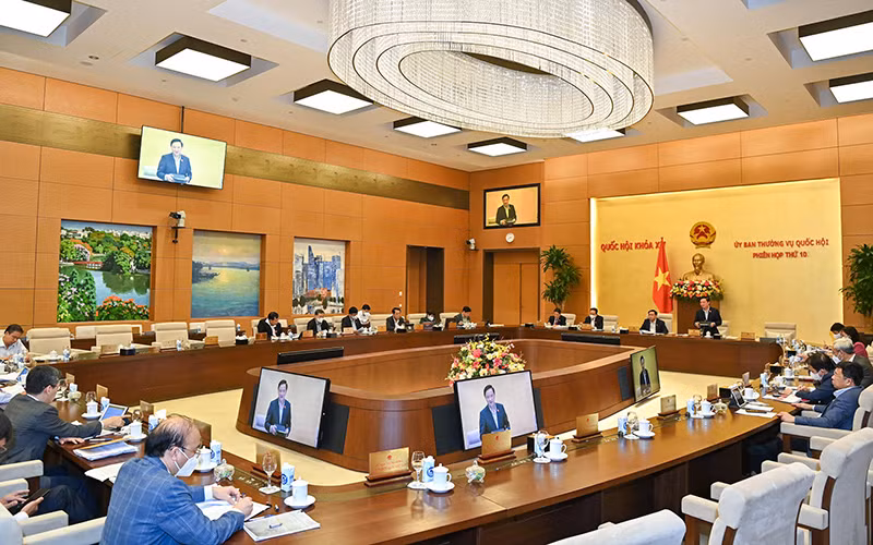 Quang cảnh phiên họp thứ 10 Ủy ban Thường vụ Quốc hội cho ý kiến về dự thảo Nghị quyết của Quốc hội về thí điểm cơ chế chính sách đặc thù phát triển tỉnh Khánh Hòa. (Ảnh: Duy Linh)