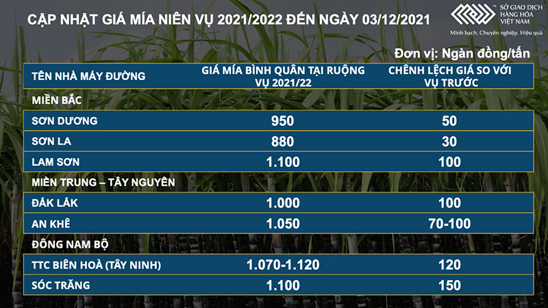 Giá mía niên vụ 2021/2022 đến ngày 3/12/2021. Thị trường dầu thô và đường giữ xu hướng tăng -0