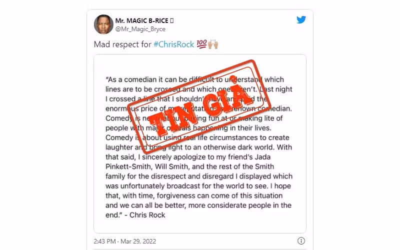 Ảnh chụp màn hình một trong những bài đăng phát ngôn bịa đặt liên quan đến vụ ồn ào giữa Will Smith và Chris Rock tại Oscar 2022.
