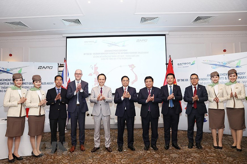 Thủ tướng Phạm Minh Chính dự Lễ ra mắt đường bay thẳng Việt Nam-Anh. (Ảnh: TTXVN) Các hoạt động của Thủ tướng Phạm Minh Chính tại Vương quốc Anh -0