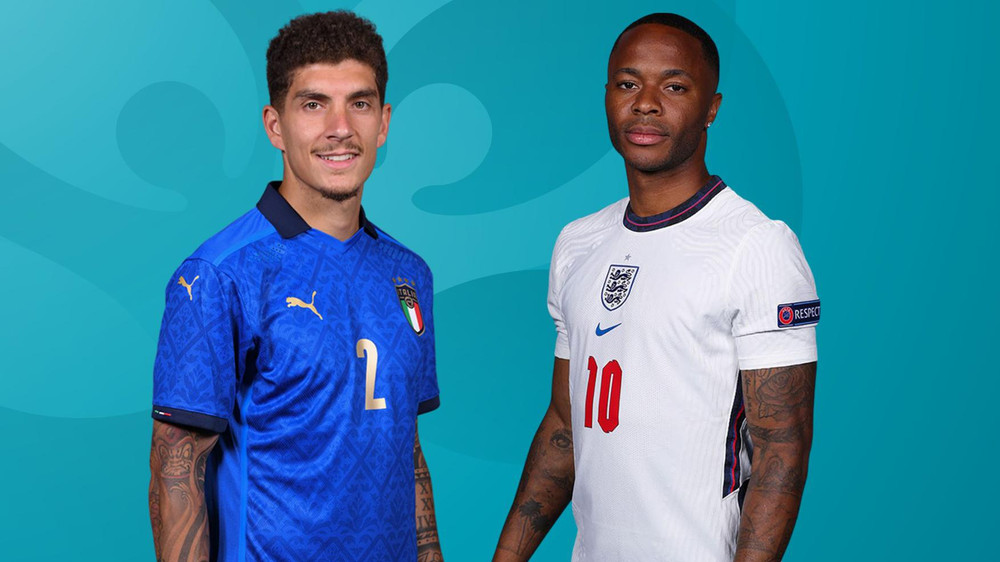 Nhiệm vụ của Di Lorenzo (trái) là phải kèm chặt ngòi nổ Raheem Sterling bên phía tuyển Anh. (Ảnh: UEFA) Những ''điểm nóng'' đối đầu trên sân ở chung kết EURO 2020 -0