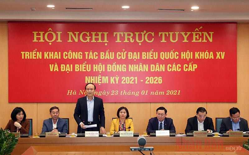 Quang cảnh hội nghị trực tuyến triển khai công tác bầu cử đại biểu Quốc hội khóa XV và đại biểu HĐND các cấp nhiệm kỳ 2021-2026. Ảnh: Duy Linh Hà Nội chuẩn bị kỹ lưỡng cho công tác bầu cử đại biểu Quốc hội và HĐND các cấp -0