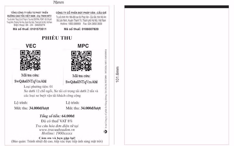 Mẫu phiếu thu tiền cho hành khách sử dụng đường bộ cao tốc do VEC quản lý.