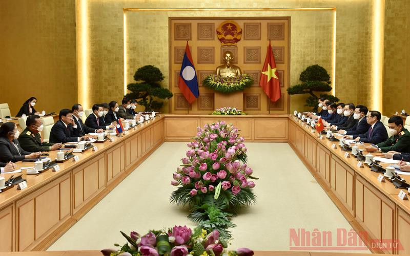 Thủ tướng Chính phủ Phạm Minh Chính hội kiến với Tổng Bí thư, Chủ tịch nước Lào Thongloun Sisoulith. (Ảnh: Trần Hải) Thủ tướng Chính phủ Phạm Minh Chính hội kiến Tổng Bí thư, Chủ tịch nước Lào Thongloun Sisoulith -0