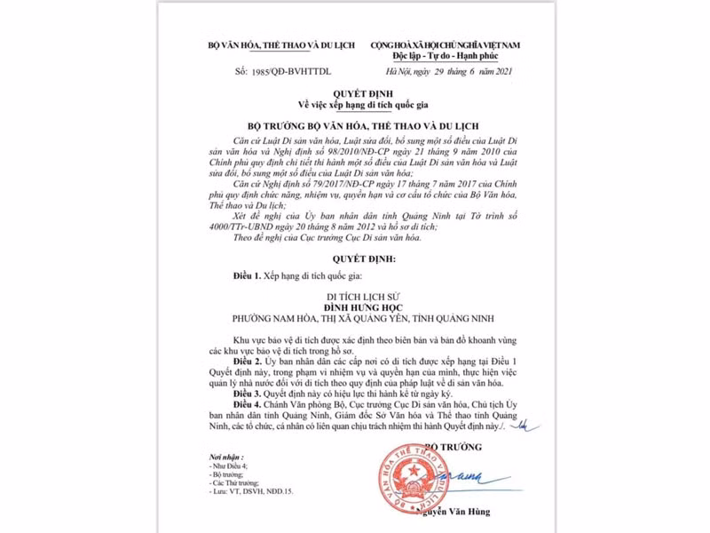Xếp hạng Di tích lịch sử quốc gia Đình Hưng Học -0