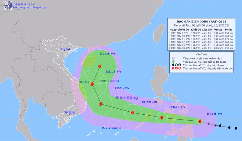 Vị trí và hướng di chuyển của bão RAI lúc 8 giờ ngày 16/12. (Nguồn: nchmf.gov.vn)
