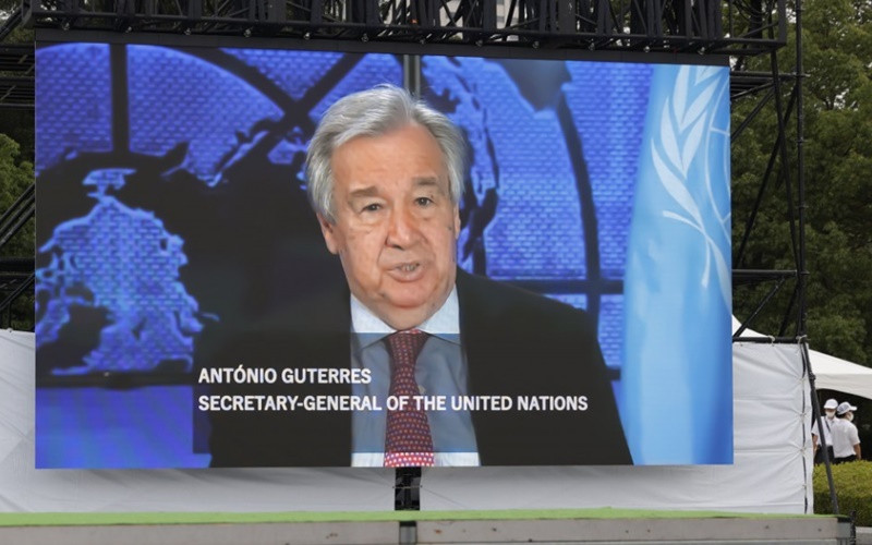 Tổng Thư ký Liên hợp quốc Antonio Guterres gửi video dài ba phút tới Hiroshima. (Ảnh: Kyodo News) Thông điệp đoàn kết từ Hiroshima -0