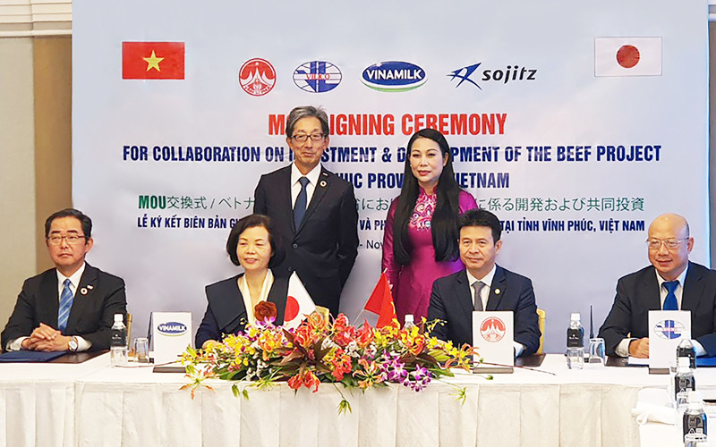 Ông Ryutaro Hirai, Phó chủ tịch Tập đoàn Sojitz và Bà Hoàng Thị Thúy Lan, Bí thư Tỉnh ủy Vĩnh Phúc chứng kiến lễ ký kết. Vinamilk và Vilico ký thỏa thuận với Sojitz về dự án chăn nuôi và kinh doanh thịt bò tại Việt Nam -0