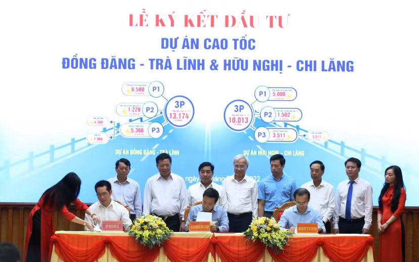 Liên danh các nhà đầu tư, ngân hàng ký hợp tác đầu tư triển khai dự án cao tốc Đồng Đăng-Trà Lĩnh. (Ảnh: TUẤN LINH)