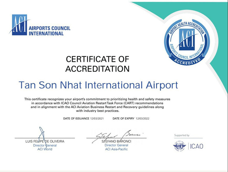 Chứng nhận AHA của ACI cho sân bay quốc tế Tân Sơn Nhất. (Ảnh ACV cung cấp) Sân bay Tân Sơn Nhất và Đà Nẵng tiếp tục được công nhận bảo đảm an toàn phòng dịch -0