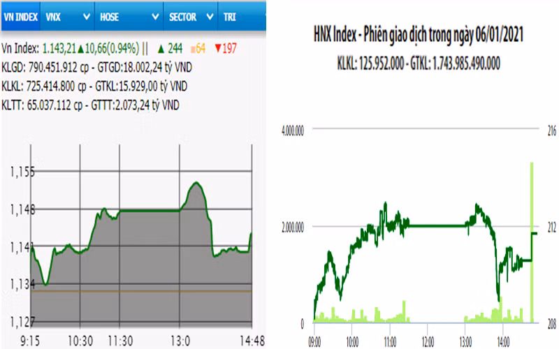 Diễn biến VN-Index và HNX-Index, phiên giao dịch ngày 6-1. 
