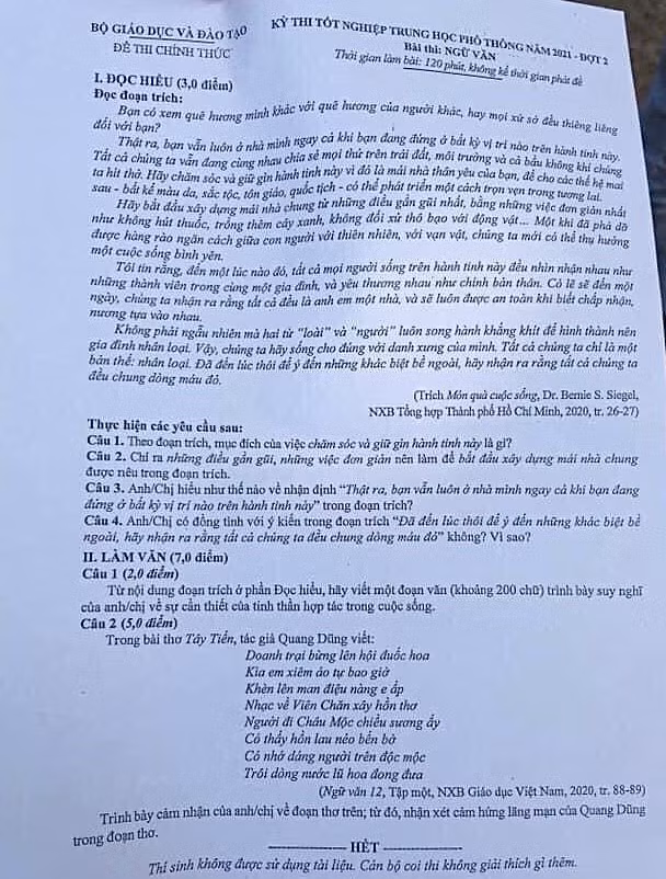 Đề thi Ngữ văn Kỳ thi tốt nghiệp trung học phổ thông đợt 2 -0