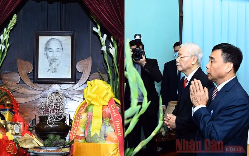 Tổng Bí thư, Chủ tịch nước Nguyễn Phú Trọng dâng hương tưởng niệm Bác Hồ ở Nhà 67 trong Khu Di tích Chủ tịch Hồ Chí Minh tại Phủ Chủ tịch. (Ảnh: DUY LINH) 
