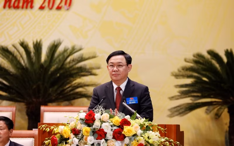 Đồng chí Vương Đình Huệ, Ủy viên Bộ Chính trị, Bí thư Thành ủy Hà Nội dự và phát biểu chỉ đạo Đại hội.