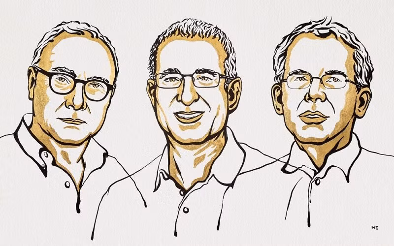 Chân dung ba nhà kinh tế người Mỹ David Card (bìa trái), Joshua D. Angrist (giữa) và Guido W. Imbens giành giải Nobel Kinh tế năm 2021. (Ảnh: Niklas Elmehed/Nobel Prize Outreach)