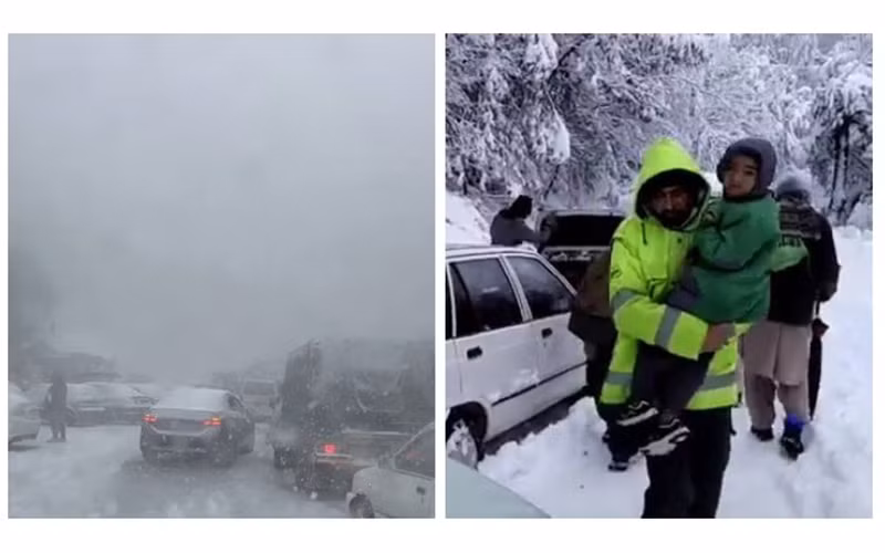 Ôtô mắc kẹt ở thị trấn Murree (ảnh trái) và nhà chức trách thực hiện chiến dịch cứu hộ khi tuyết rơi dày đặc trên đồi. (Nguồn: thenews.com.pk)