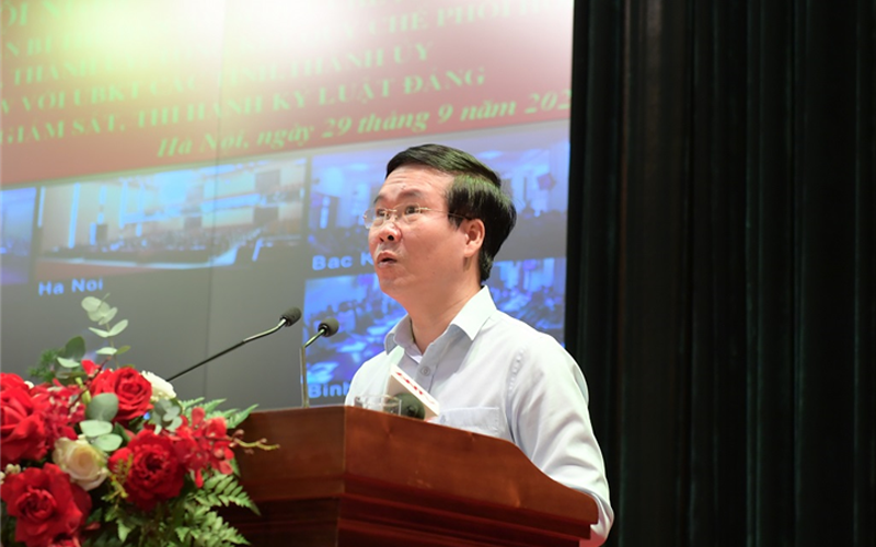 Đồng chí Võ Văn Thưởng phát biểu tại Hội nghị. Công tác kiểm tra, giám sát phải bám sát yêu cầu, nhiệm vụ của lực lượng Công an nhân dân -0