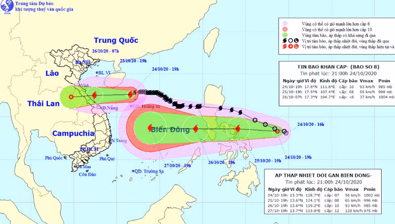 Vị trí và hướng di chuyển của áp thấp nhiệt đới (hình dưới). (Nguồn: kttv.gov.vn)