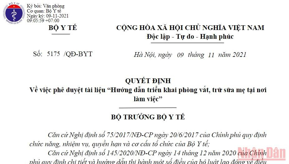 Quyết định số 5175/QĐ-BYT về việc Phê duyệt tài liệu “Hướng dẫn triển khai phòng vắt, trữ sữa mẹ tại nơi làm việc”. (Ảnh chụp màn hình: HOÀNG LINH) Phê duyệt tài liệu “Hướng dẫn triển khai phòng vắt, trữ sữa mẹ tại nơi làm việc” -0