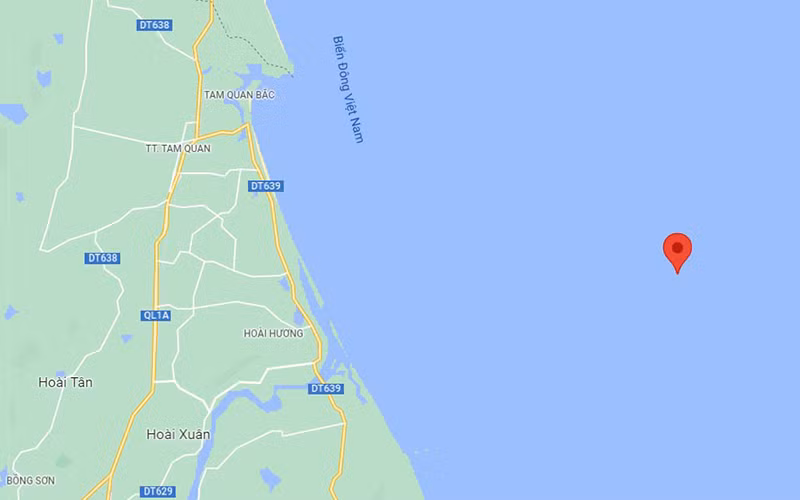 Vị trí 2 tàu hàng va chạm tại vùng biển tỉnh Bình Định. (Ảnh: Hệ thống TTDH Việt Nam)