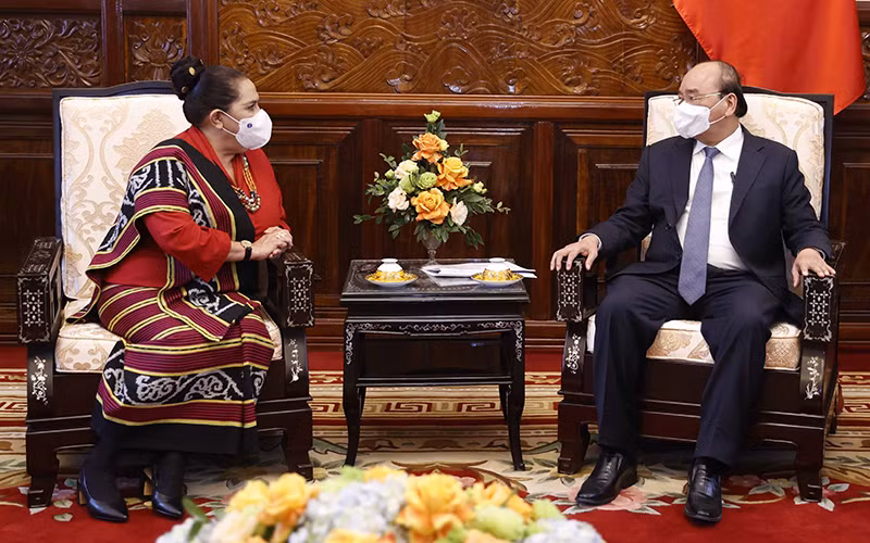 Chủ tịch nước Nguyễn Xuân Phúc tiếp bà Maria Olandina Isabel Caeiro Alves, Đại sứ Timor Leste tại Việt Nam. (Ảnh: TTXVN)