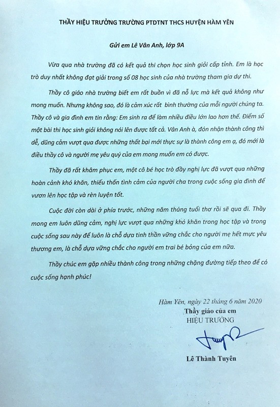 Lá thư của thầy hiệu trưởng gửi em Lê Vân Anh. Lá thư của thầy Hiệu trưởng -0
