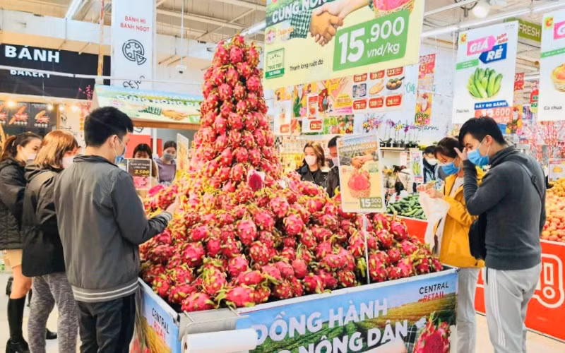 Hệ thống siêu thị Big C, Tops Market và Go! triển khai chương trình hỗ trợ nông dân tiêu thụ thanh long. (Ảnh: Tập đoàn Central Retail cung cấp)