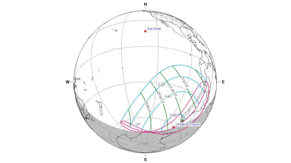 Bản đồ cho nhật thực một phần vào ngày 30/4/2022. Nguồn: Fred Espenak/ NASA. Những hiện tượng thiên văn kỳ thú năm 2022 -0