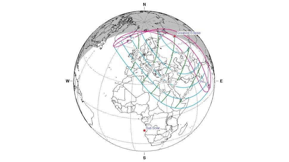 Bản đồ minh họa nhật thực một phần vào ngày 25/10/2022. Ảnh: NASA. Những hiện tượng thiên văn kỳ thú năm 2022 -0
