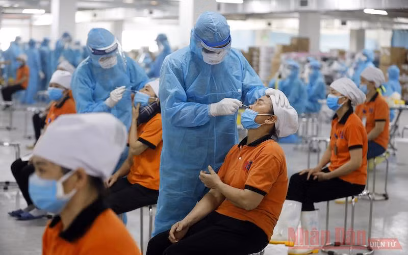 Xét nghiệm Covid-19 cho công nhân Khu công nghiệp Quang Châu, tỉnh Bắc Giang. (Ảnh: DUY LINH)