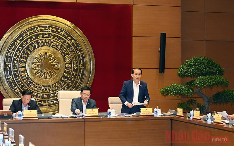 Chủ nhiệm Ủy ban Pháp luật Hoàng Thanh Tùng phát biểu tại buổi làm việc. (Ảnh Duy Linh) Chủ tịch Quốc hội Vương Đình Huệ làm việc với Ủy ban về các vấn đề Xã hội và Ủy ban Pháp luật -0
