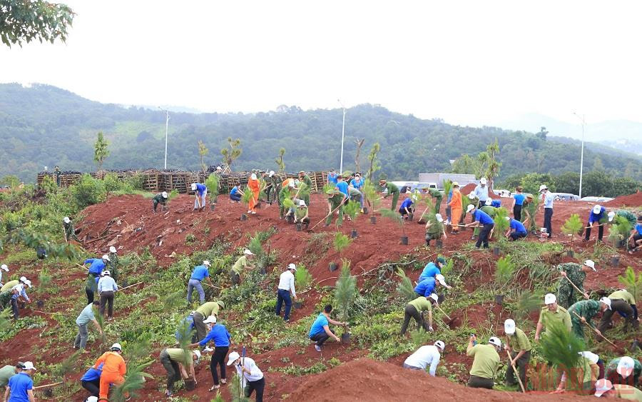 Hơn 500 đại biểu và người dân thành phố Gia Nghĩa ra quân trồng 1.000 cây xanh ngay sau lễ phát động. Đắk Nông trồng gần 100 nghìn cây xanh trong ngày sinh nhật Bác -0