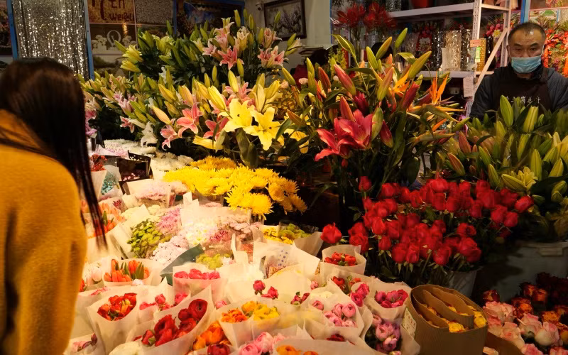 Cửa hàng của một nông dân trồng hoa. Ông quyết định không về quê ăn Tết mà ở lại thủ đô.