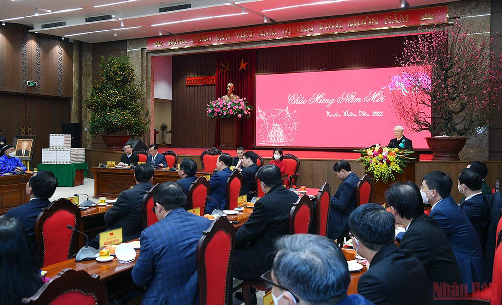 Toàn cảnh lễ buổi. (Ảnh: Thành Đạt) Tổng Bí thư Nguyễn Phú Trọng thăm, chúc Tết Đảng bộ, Chính quyền và nhân dân Thủ đô -0