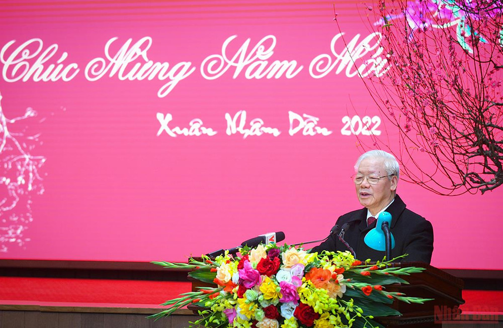 Tổng Bí thư Nguyễn Phú Trọng phát biểu chúc mừng Đảng bộ, Chính quyền và nhân dân Thủ đô. (Ảnh: Thành Đạt) Tổng Bí thư Nguyễn Phú Trọng thăm, chúc Tết Đảng bộ, Chính quyền và nhân dân Thủ đô -0