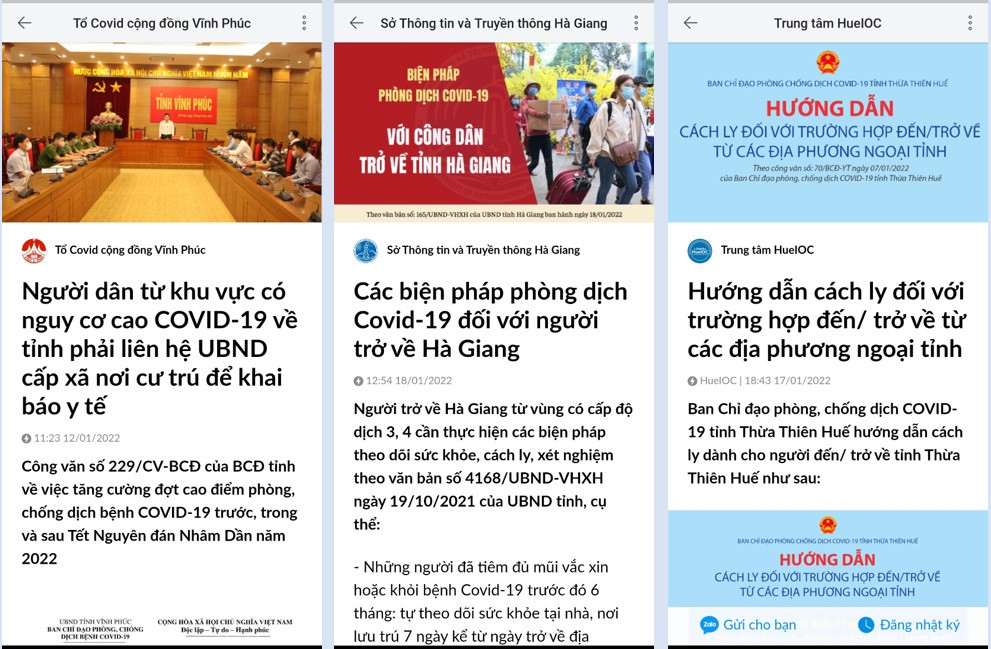 Người dân tìm và quan tâm Zalo của địa phương mình để cập nhật những thông tin chính thông cập nhật mỗi ngày. (Ảnh chụp màn hình) Nhiều tỉnh thành cập nhật hướng dẫn về quê đón Tết trên Zalo -0