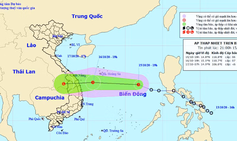 Vị trí và hướng di chuyển của áp thấp nhiệt đới. (Nguồn: kttv.gov.vn)