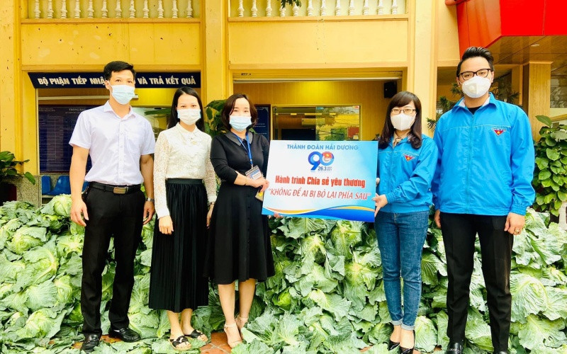 Đoàn viên, thanh niên TP Hải Dương thu mua rau xanh cấp phát tới các hộ khó khăn.