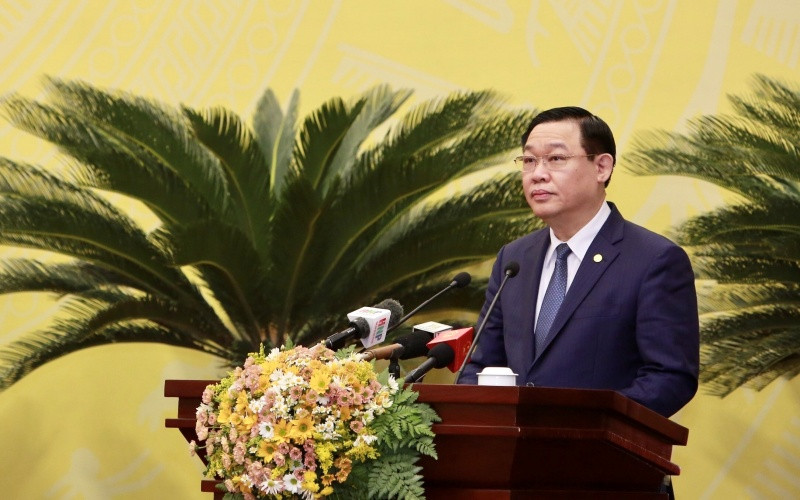 Đồng chí Vương Đình Huệ, Ủy viên Bộ Chính trị, Bí thư Thành ủy, Trưởng đoàn đại biểu Quốc hội TP Hà Nội phát biểu tại kỳ họp.