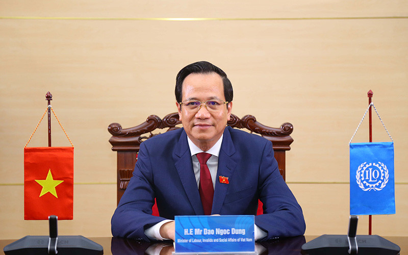 Bộ trưởng Lao động-Thương binh và Xã hội Đào Ngọc Dung phát biểu trực tuyến tại ILC 110 (Ảnh: Molisa).