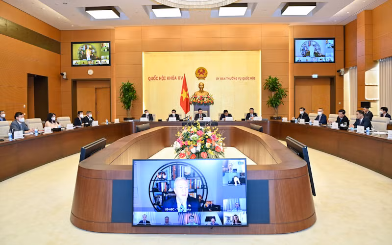 Quang cảnh Hội nghị trực tuyến với Đoàn doanh nghiệp cấp cao của Hội đồng kinh doanh Hoa Kỳ - ASEAN. (Ảnh: Duy Linh)