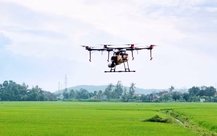 Máy phun thuốc tự động trên cánh đồng xã Hòa Quang Bắc, huyện Phú Hòa, Phú Yên. (Ảnh: TRÌNH KẾ)