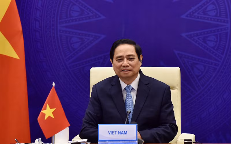 Thủ tướng Phạm Minh Chính phát biểu tại Hội nghị Thượng đỉnh hợp tác tiểu vùng Mekong mở rộng (GMS) lần thứ 7. (Ảnh: Trần Hải)