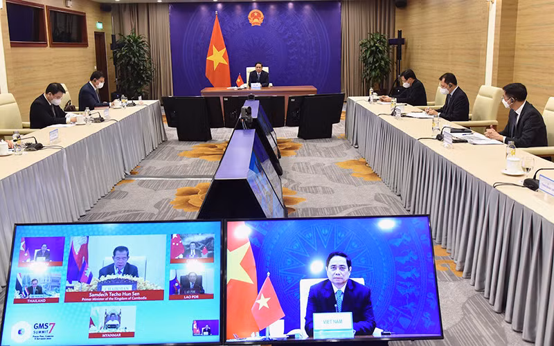 Thủ tướng Phạm Minh Chính phát biểu tại Hội nghị Thượng đỉnh hợp tác tiểu vùng Mekong mở rộng (GMS) lần thứ 7. (Ảnh: Trần Hải)