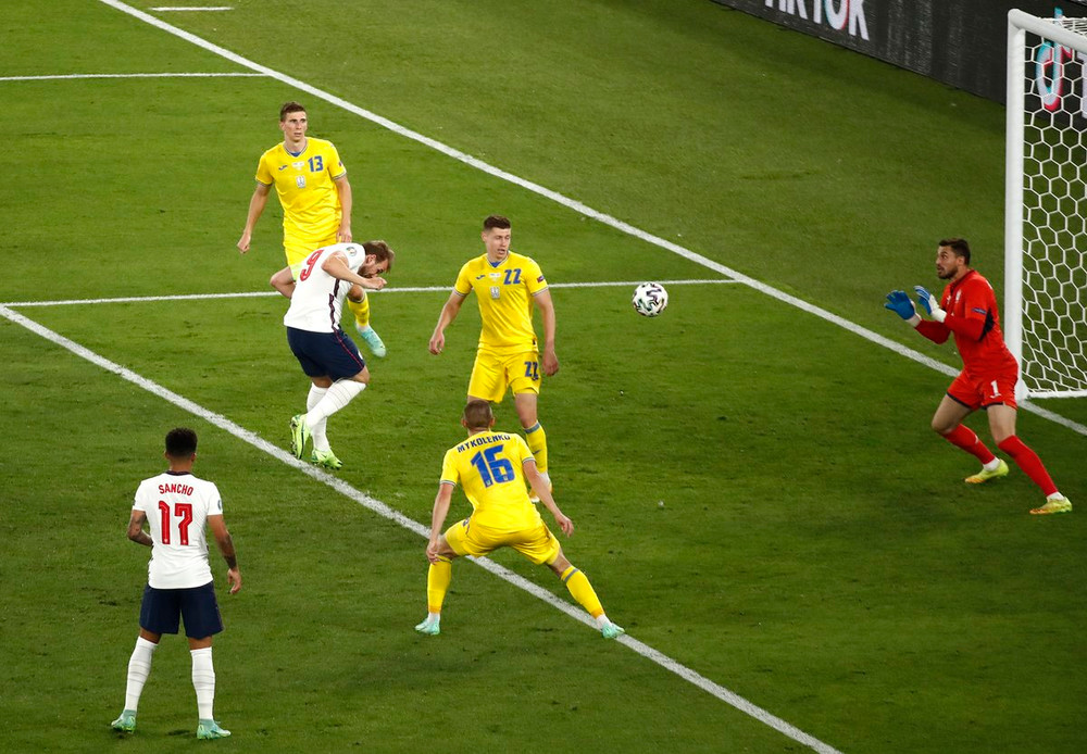 Harry Kane hoàn tất cú đúp ở phút 50. (Ảnh: UEFA) Harry Kane lập cú đúp, Anh thắng đậm Ukraine vào bán kết Euro 2020 -0