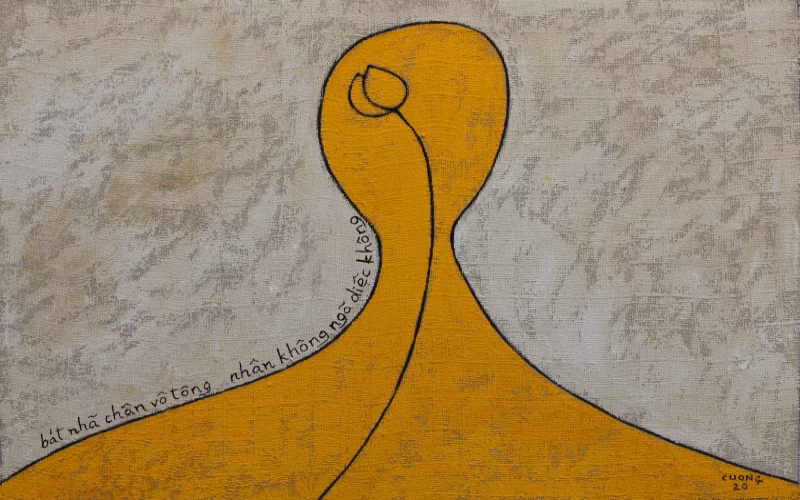 Họa sĩ Lê Thiết Cương "vẽ thơ Thiền" của Vua Lê Thái Tông bằng chất liệu bột màu trên vải màn, với phong cách tạo hình tối giản. 