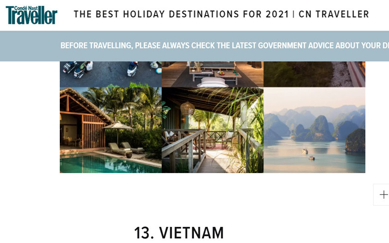 Việt Nam ở vị trí thứ 13 trong xếp hạng 21 điểm đến tốt nhất cho năm 2021 theo đánh giá của CNTraveller. (Ảnh chụp màn hình)